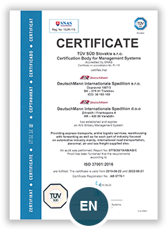 Пример сертификата соответствия системе менеджмента борьбы со взяточничеством ISO 37001:2016